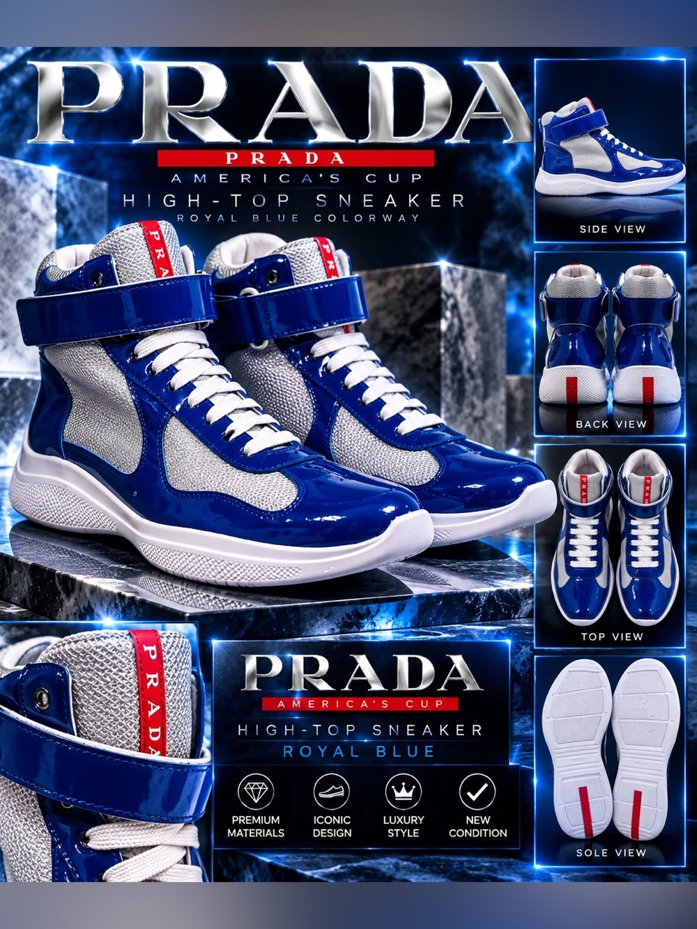 Prada America's Cup High-Top Sneaker in the Royal Blue colorway🔥New! Size: 12
